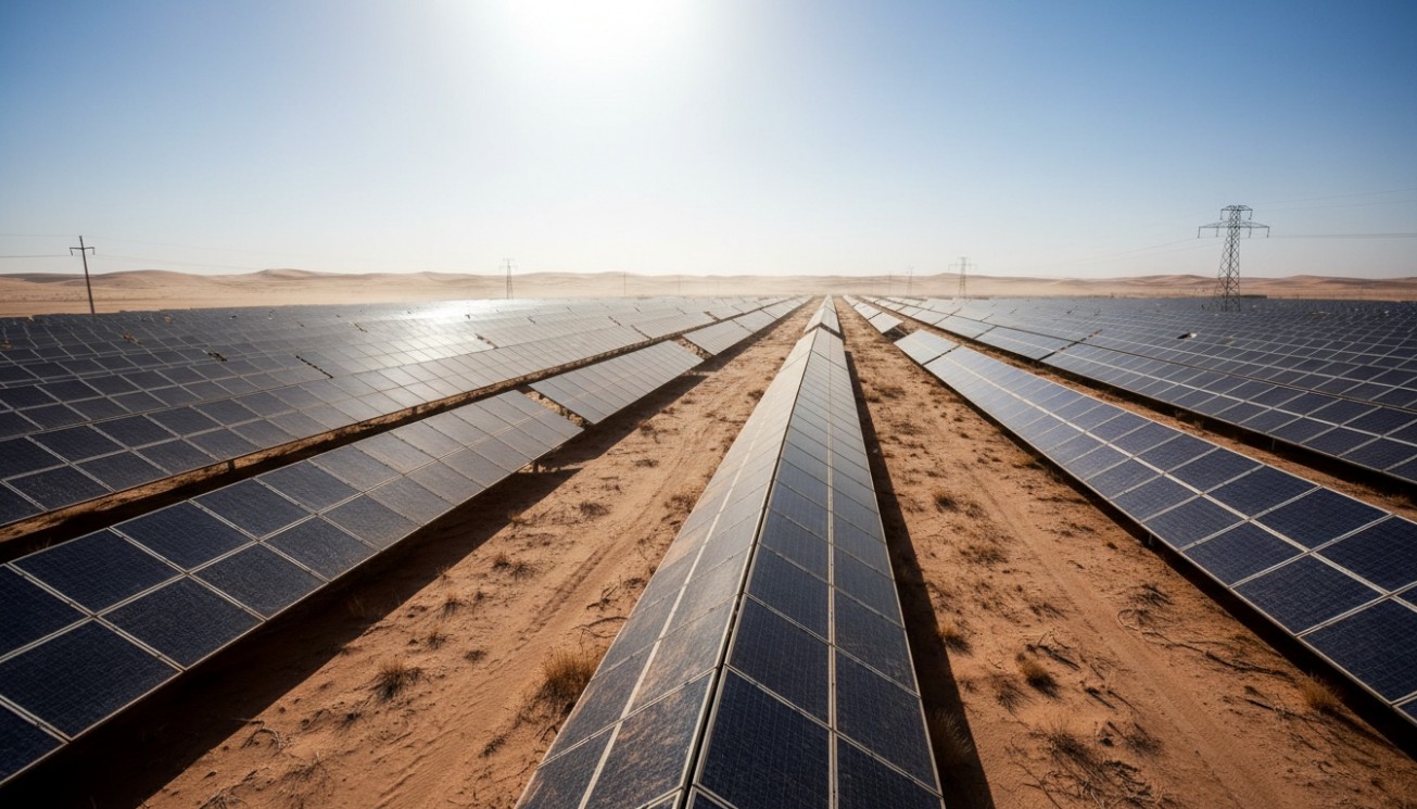 Desert solar modules operating in dry heat with strong sunlight dust UV exposure and high-temperature conditions affecting long-term PV performance